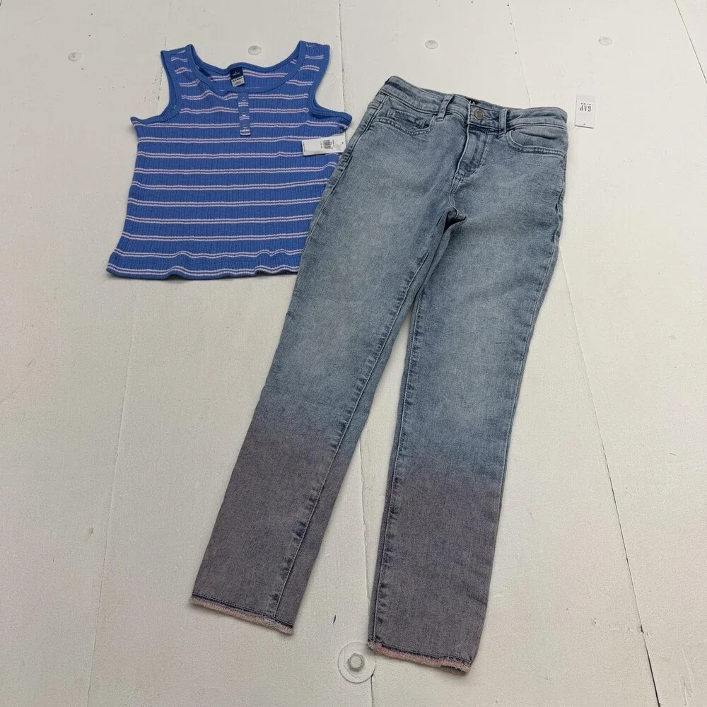 Gap Old Navy Outfit Set Girls 10 Blue Striped Tank Denim Jeans 2 Piece Casual